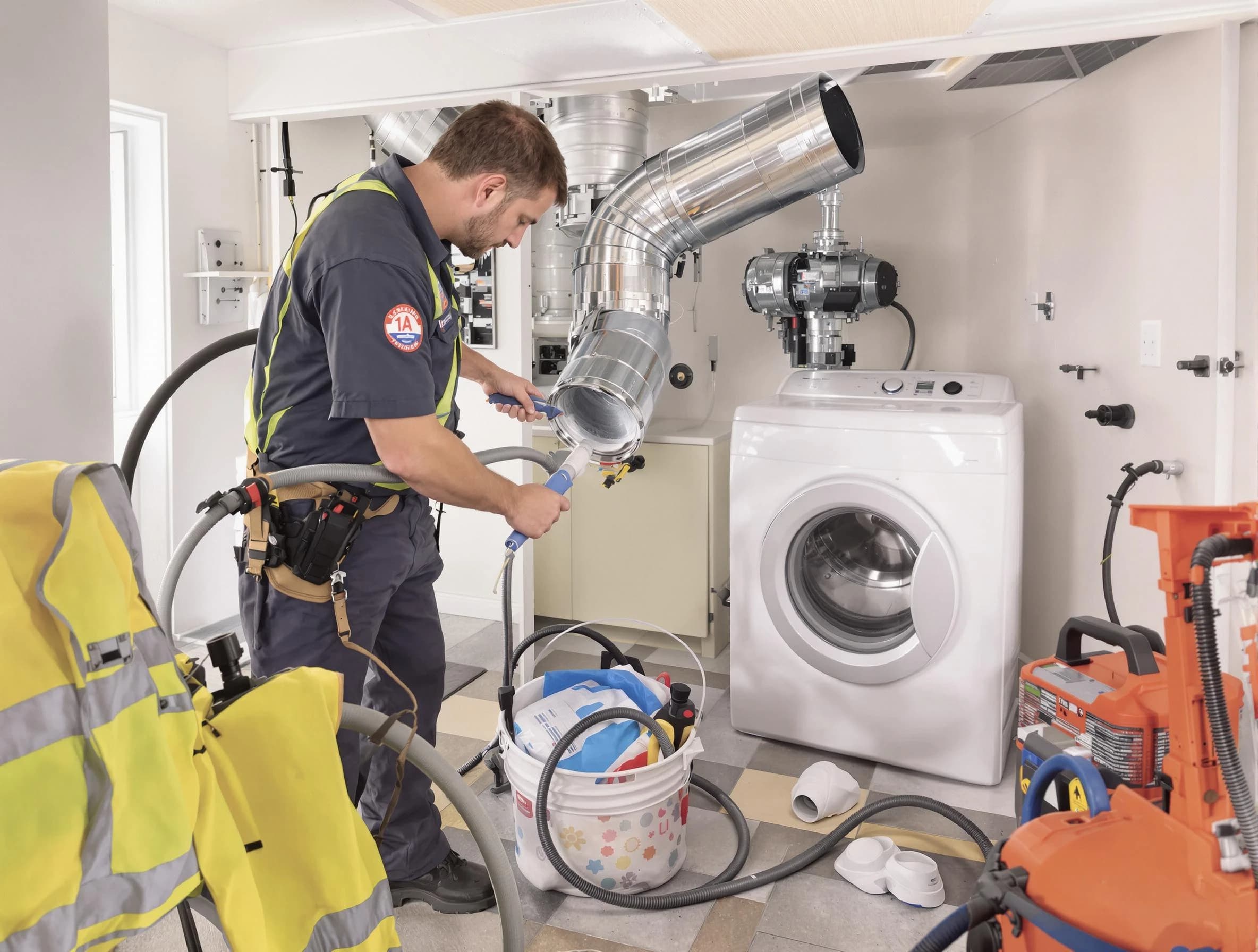 Litchfield Park Dryer Vent Cleaning technician using specialized equipment to clear severe dryer vent blockage in Litchfield Park