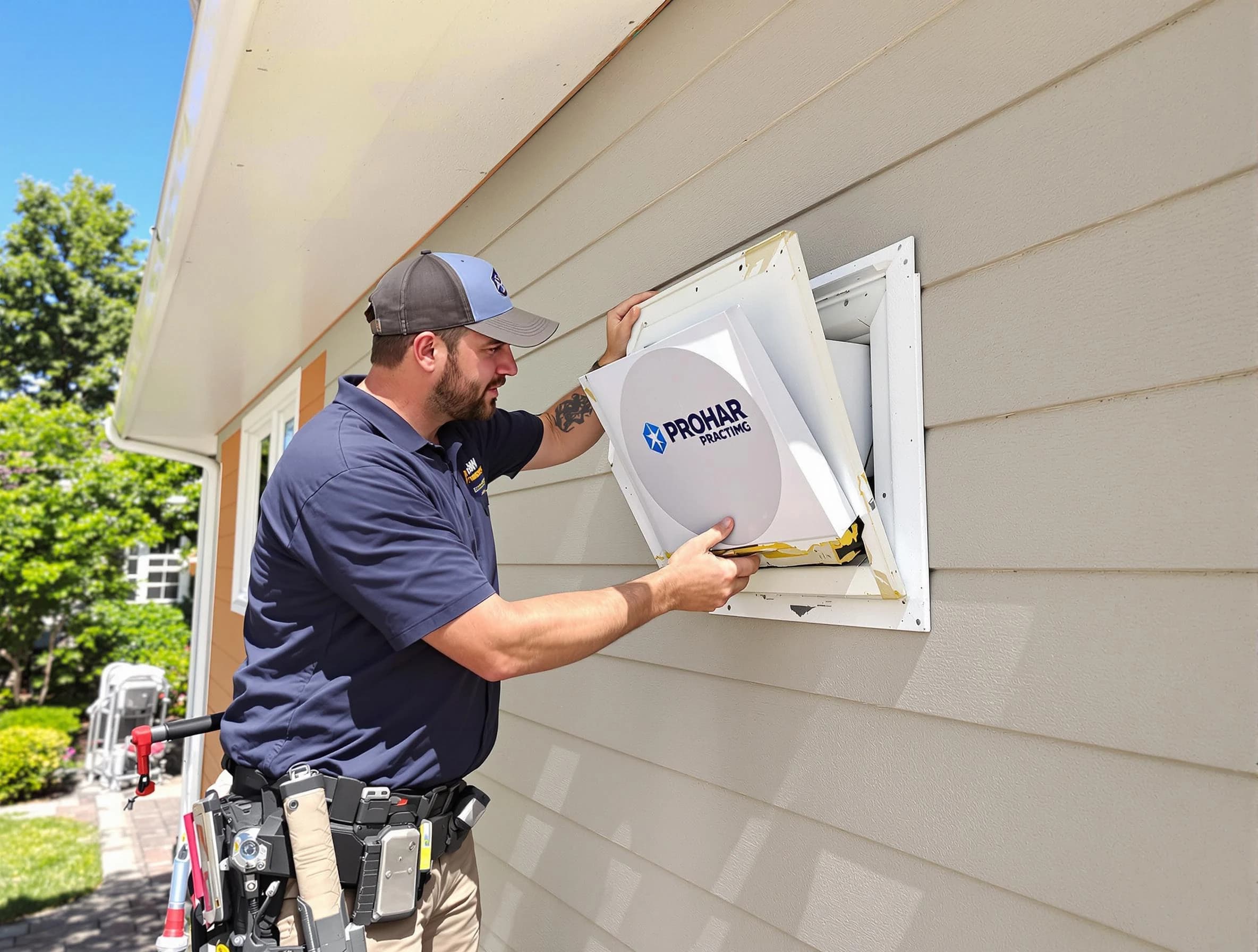 Litchfield Park Dryer Vent Cleaning technician installing a new protective dryer vent cover on a home in Litchfield Park