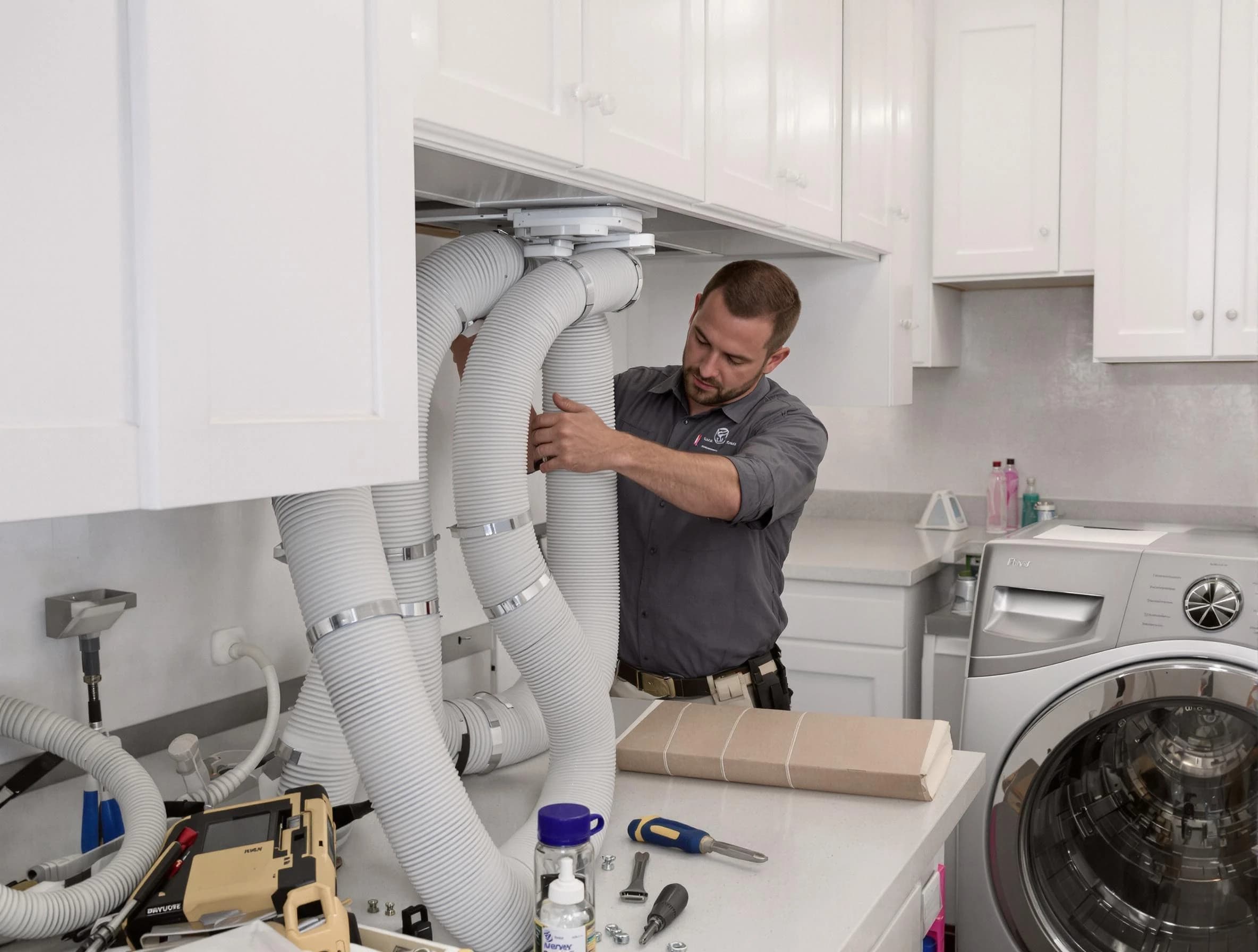 Litchfield Park Dryer Vent Cleaning technician installing a new professional-grade dryer vent hose in Litchfield Park
