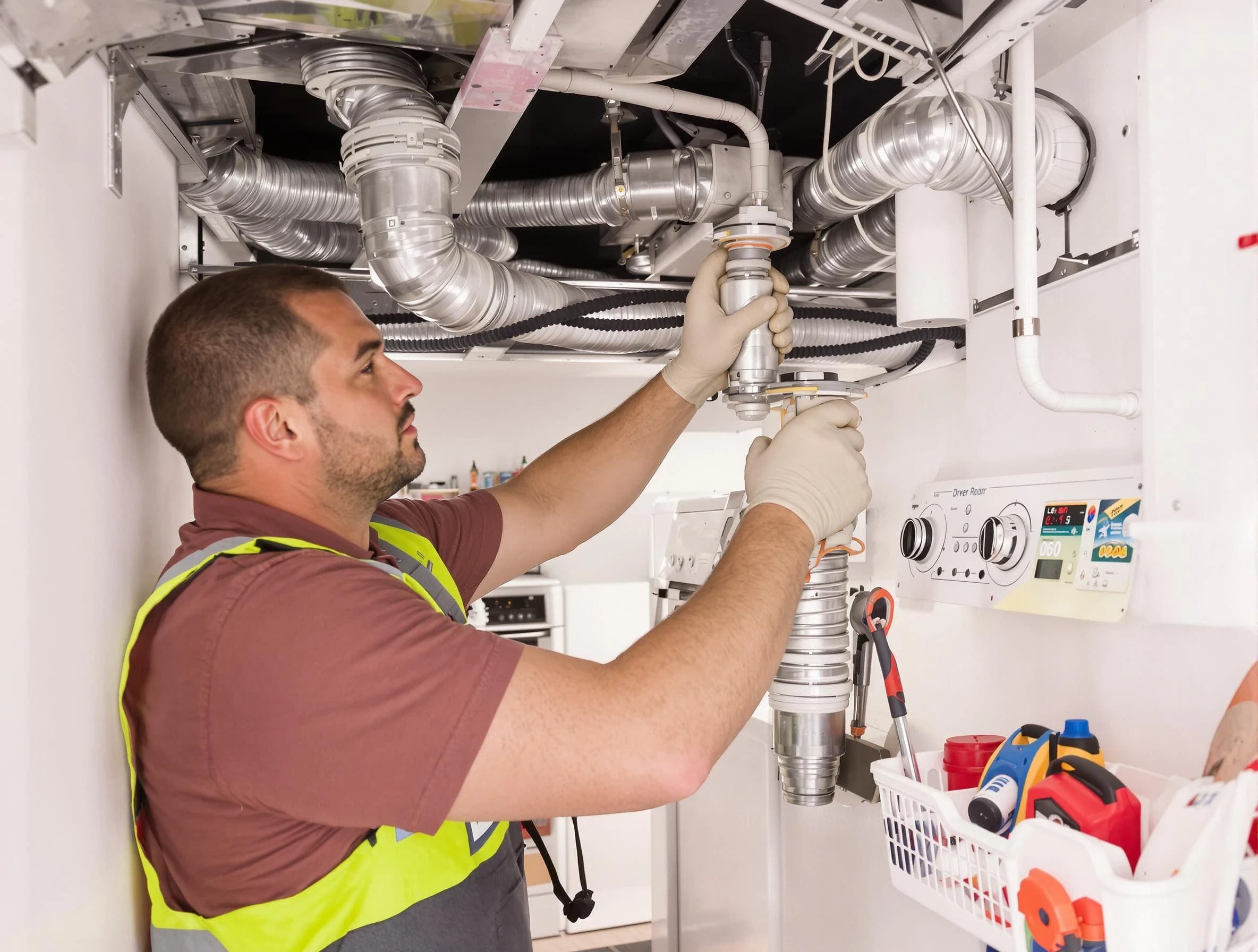 Litchfield Park Dryer Vent Cleaning expert performing both repair and installation work on a dryer vent system in Litchfield Park