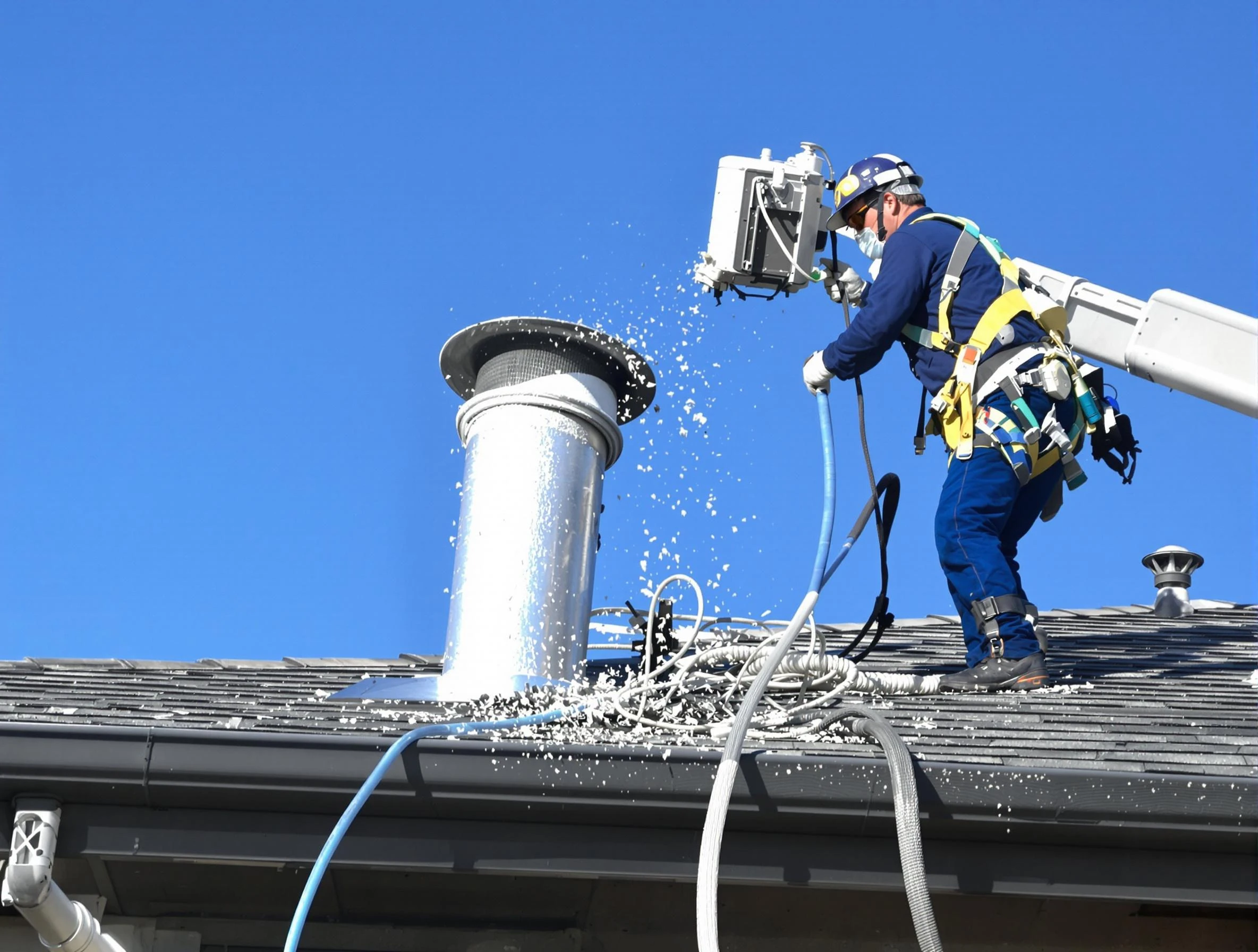Litchfield Park Dryer Vent Cleaning certified technician safely cleaning a roof-mounted dryer vent in Litchfield Park