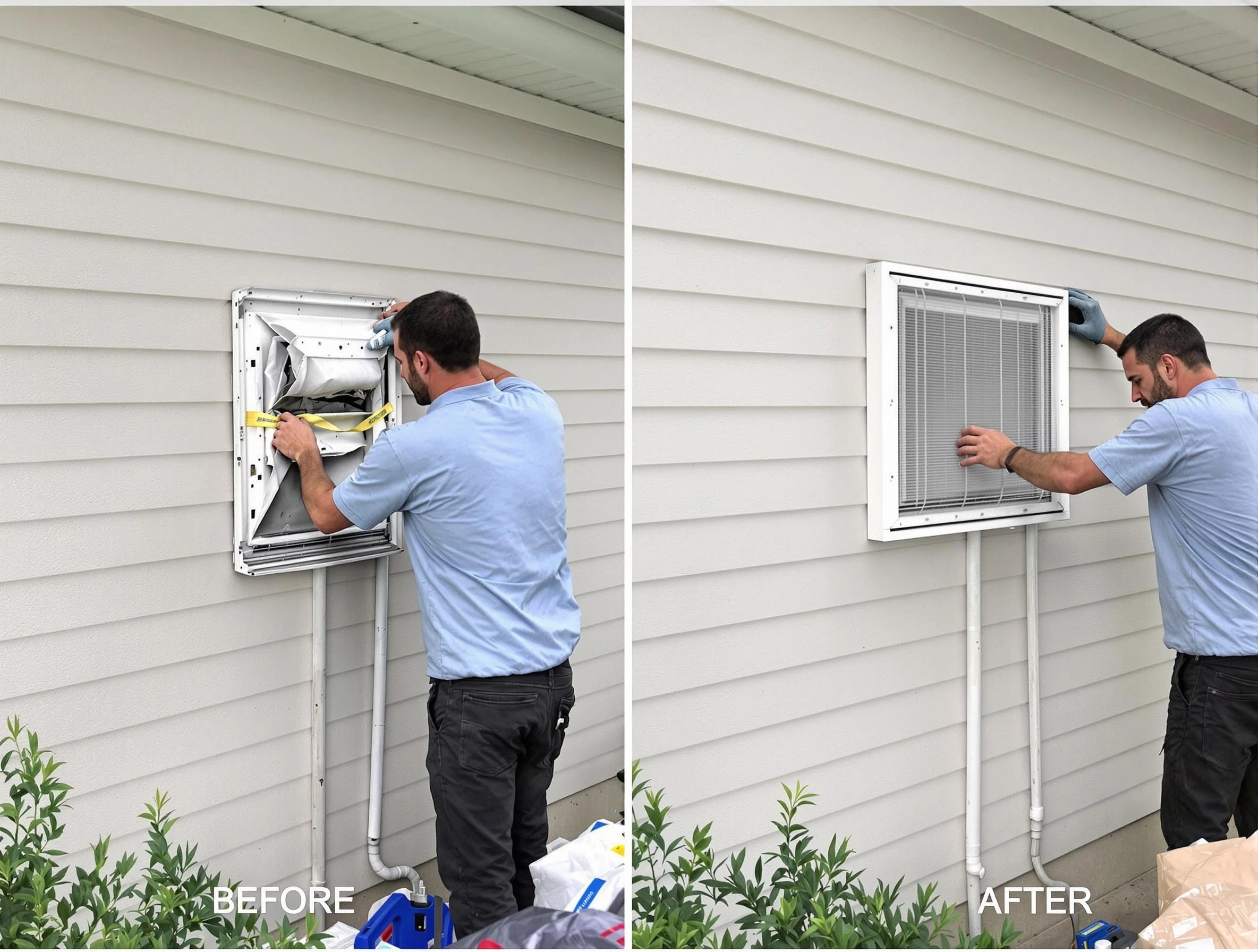 Litchfield Park Dryer Vent Cleaning technician installing high-quality dryer vent cover at a residential property in Litchfield Park